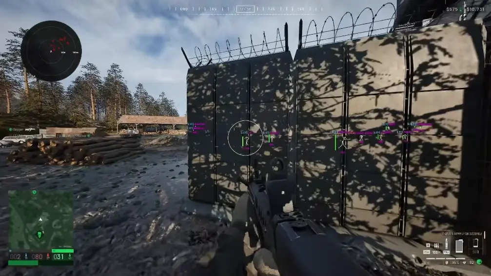 Battlefield 6 firefight with skeleton ESP and snaplines through smoke.