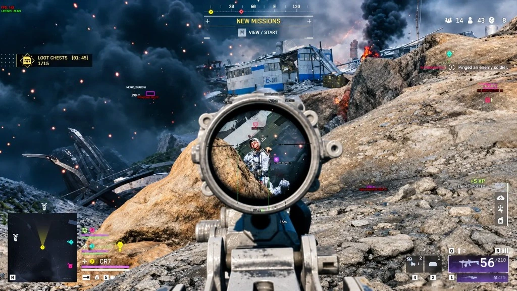 Battlefield 6 scoped view of a spotted enemy near industrial ruins and smoke.