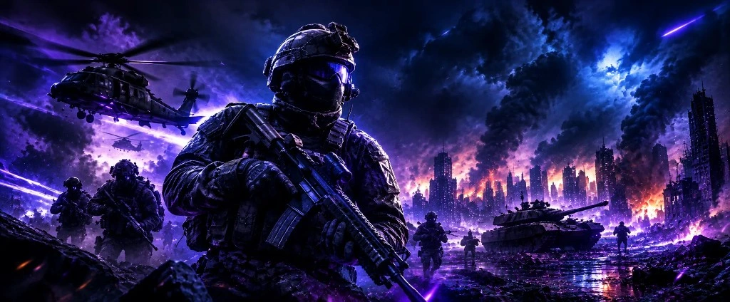 Battlefield special-ops soldiers, helicopters, and a tank in a burning city at night.