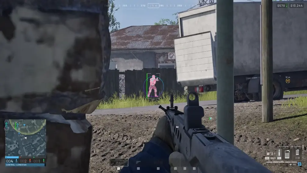 Battlefield 6 aim-down-sights view with boxed player ESP.